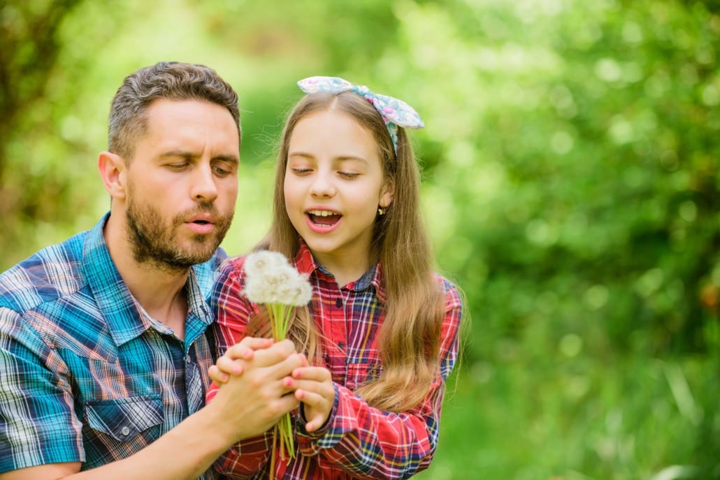 père avec sa fille tenant un bouquet de pissenlits sur la rive-sud de montréal durant la saison de l'été